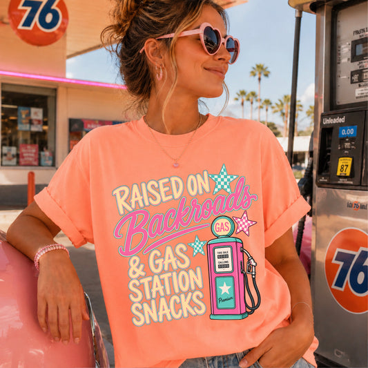 Raised On Backroads & Gas Station Snacks Comfort Color Graphic Tee