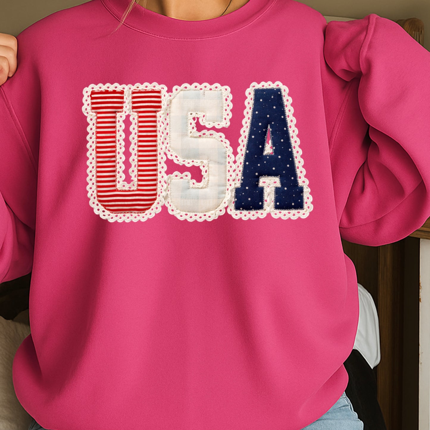 USA Quilted Lace Crewneck Sweatshirt