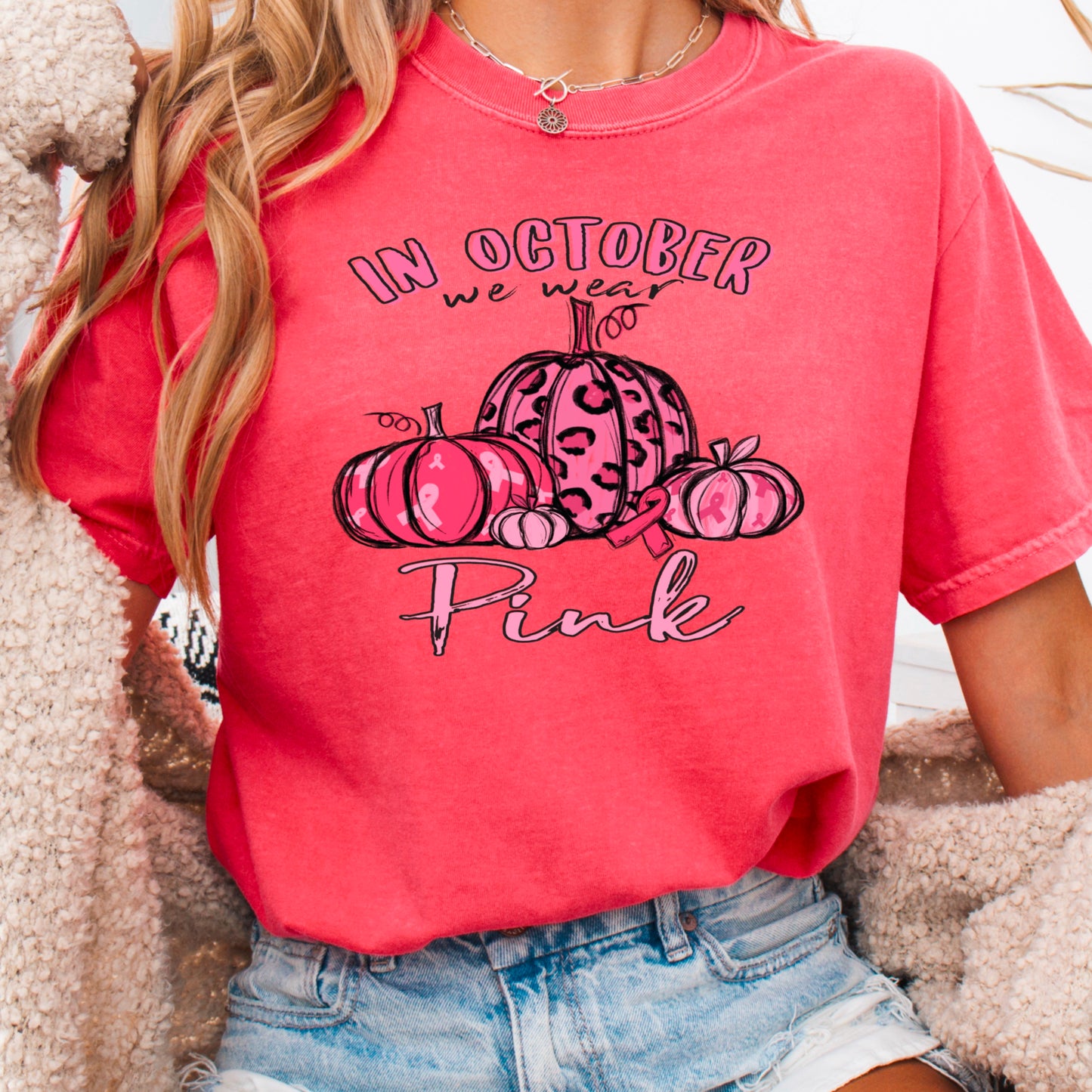 In October We Wear Pink Cancer Comfort Color Graphic Tee