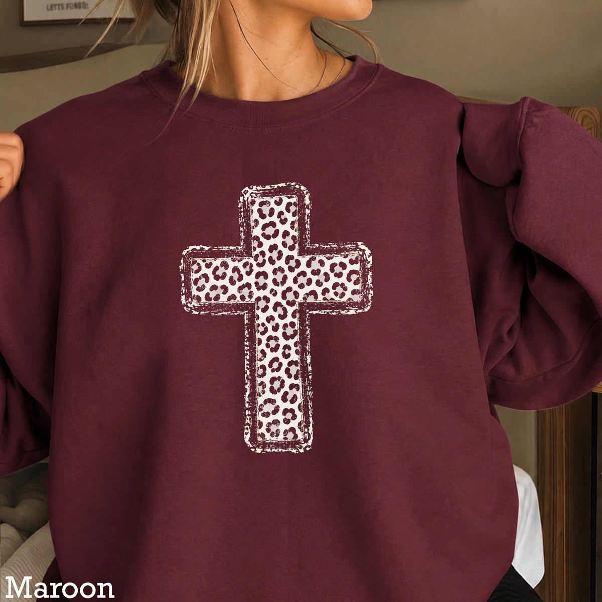 Snow Leopard Cross Christian Crewneck Sweatshirt