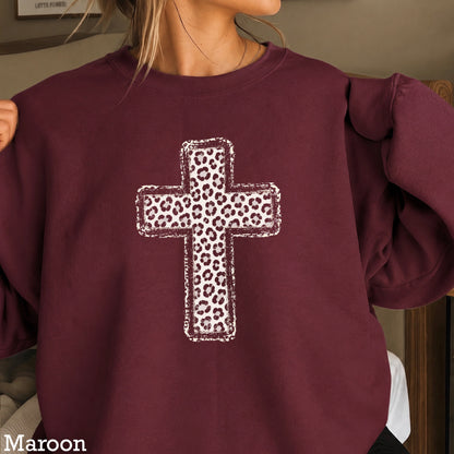 Snow Leopard Cross Christian Crewneck Sweatshirt