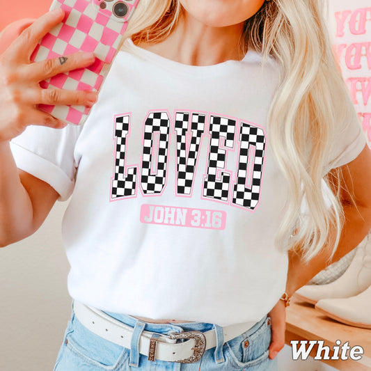 Checkered Loved John 3:16 Valentine’s Day Comfort Color Graphic Tee