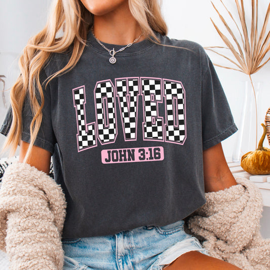 Checkered Loved John 3:16 Valentine’s Day Comfort Color Graphic Tee
