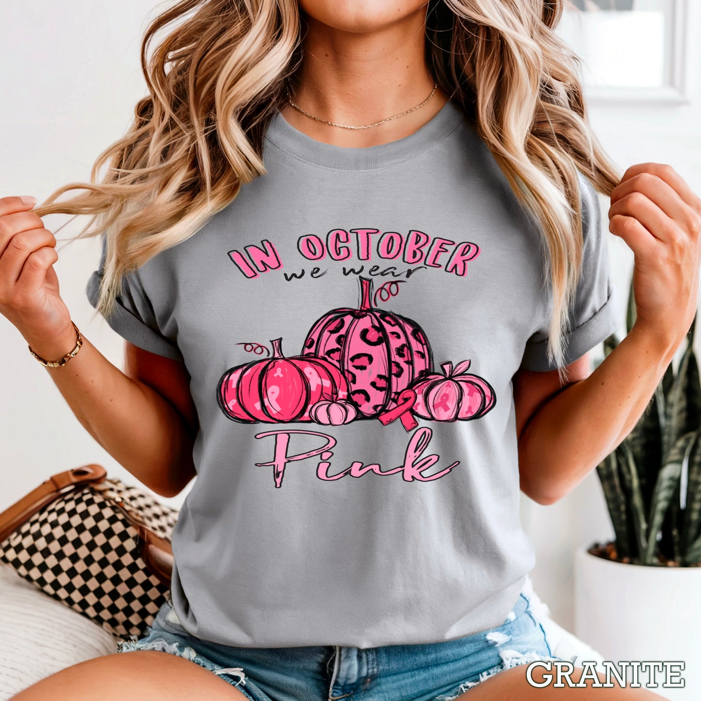 In October We Wear Pink Cancer Comfort Color Graphic Tee