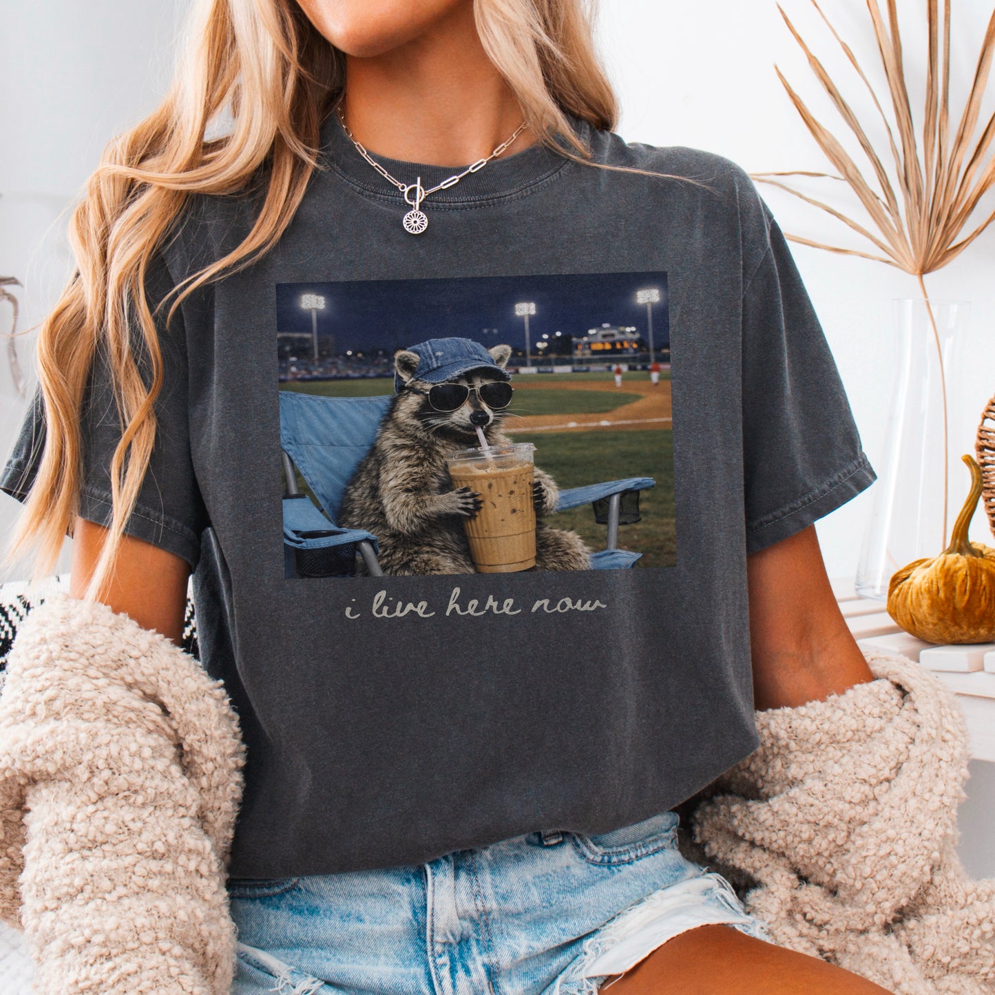 I Live Here Now Raccoon Baseball Comfort Color Graphic Tee