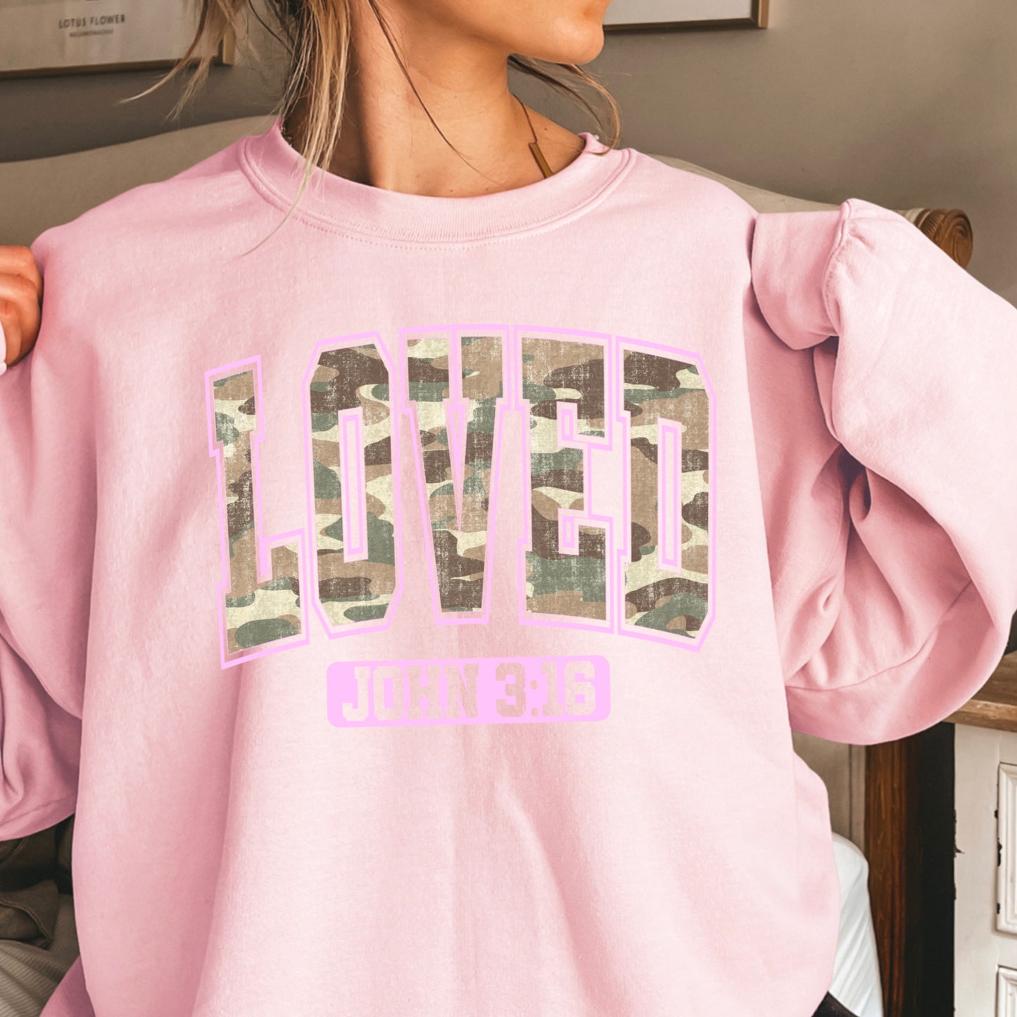 Camo Loved John 3:16 Valentine’s Day Crewneck Sweatshirt