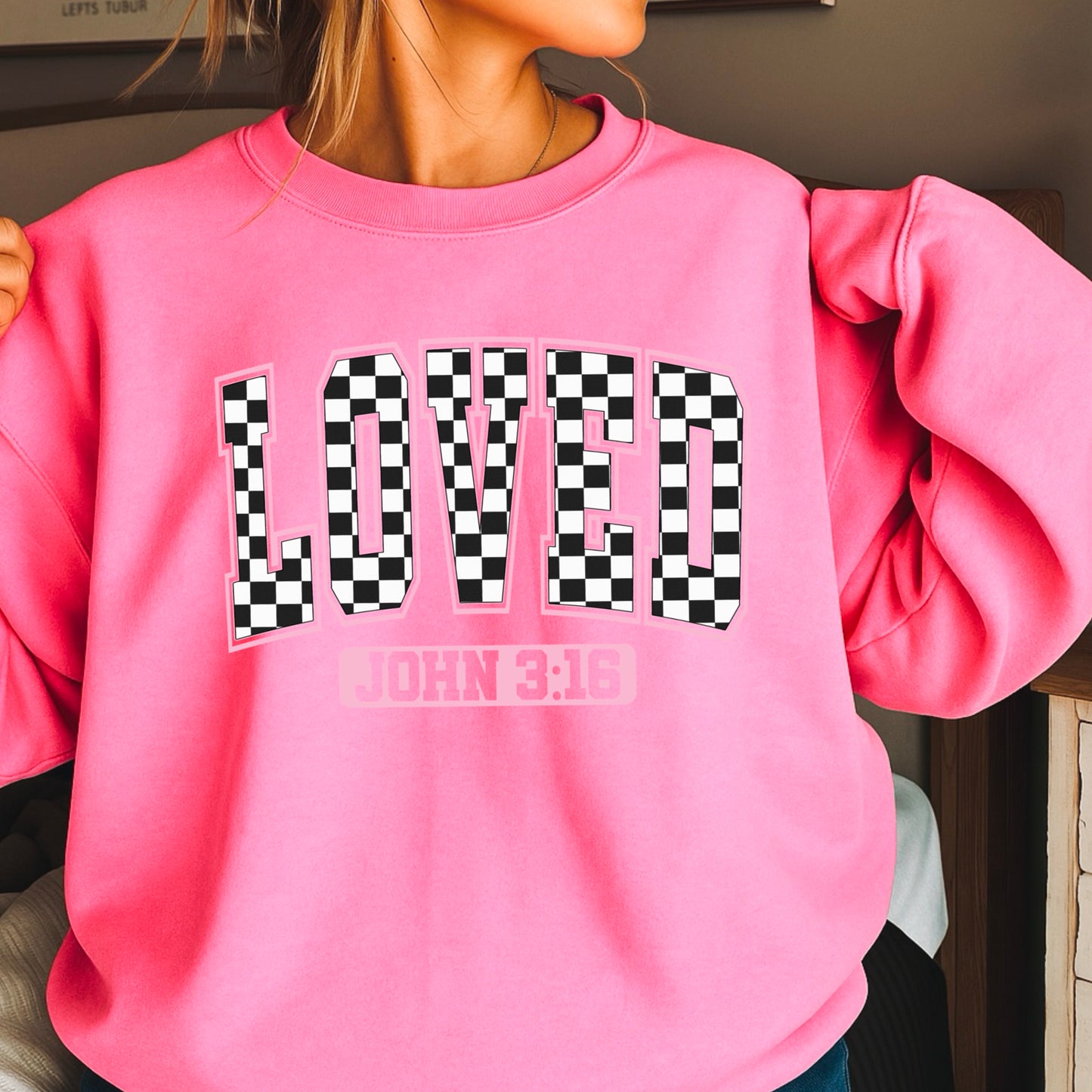 Checkered Loved John 3:16 Valentine’s Day Crewneck Sweatshirt