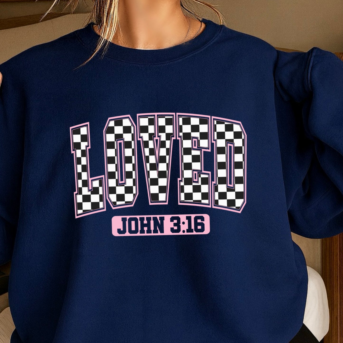 Checkered Loved John 3:16 Valentine’s Day Crewneck Sweatshirt