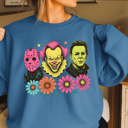 Floral Horror Film Characters Halloween Crewneck Sweatshirt