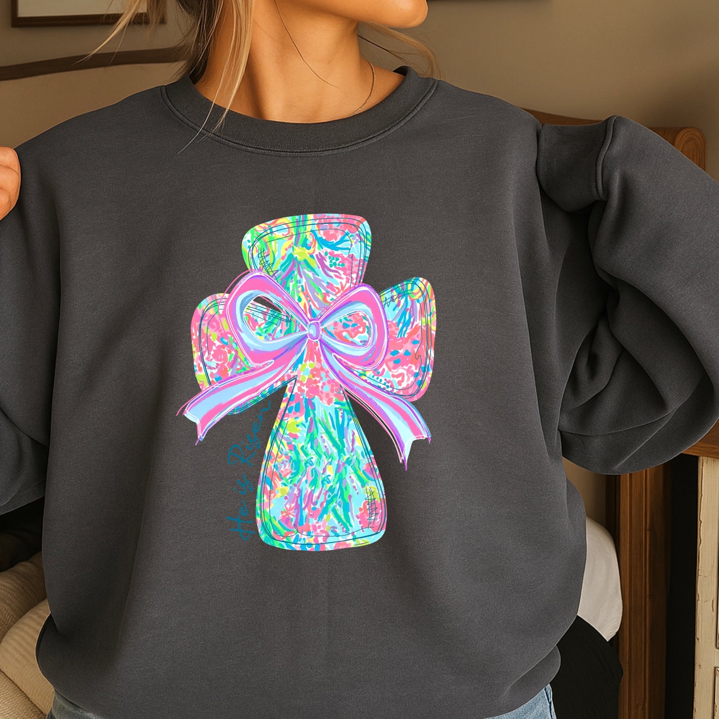 He Is Risen Cross Easter Crewneck Sweatshirt