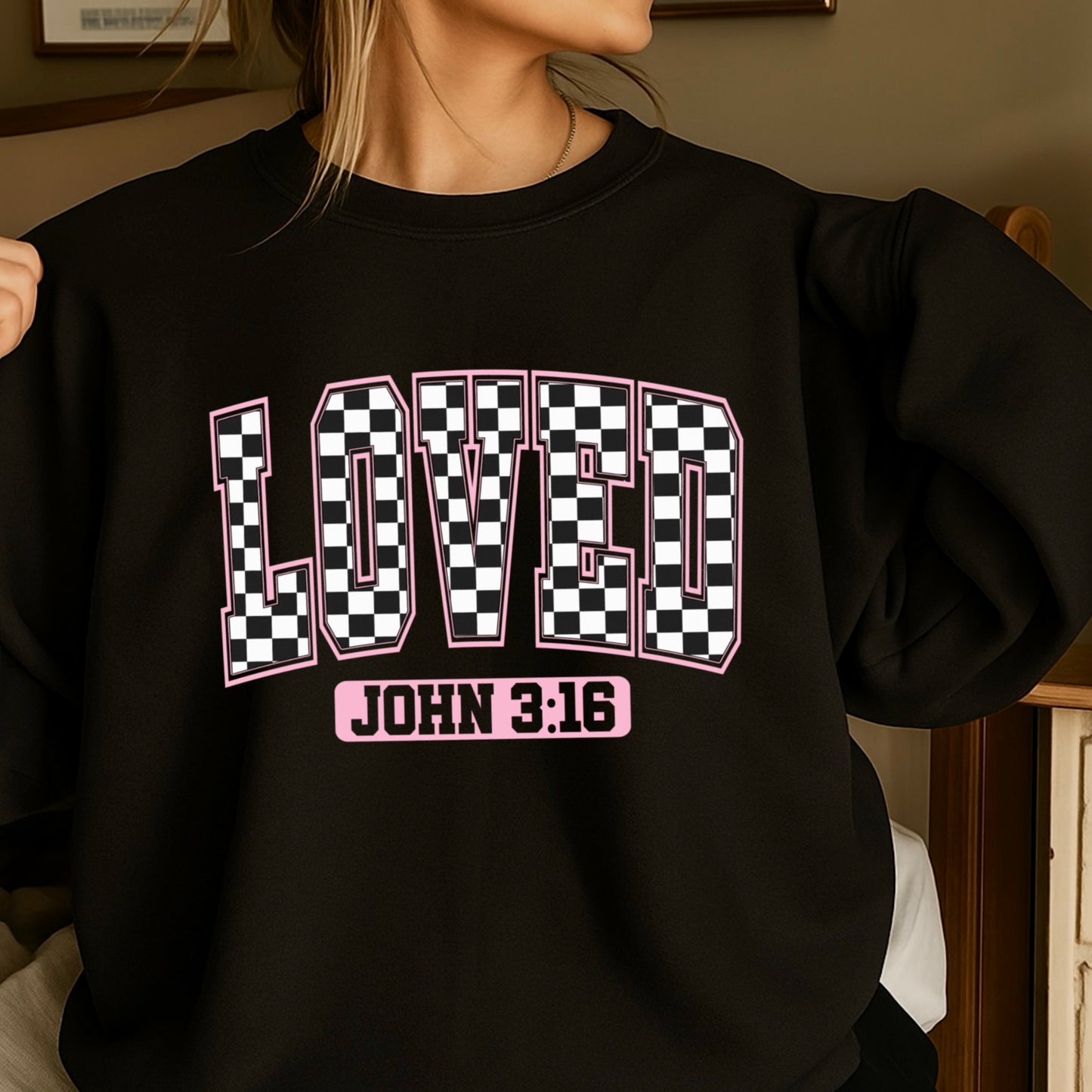 Checkered Loved John 3:16 Valentine’s Day Crewneck Sweatshirt