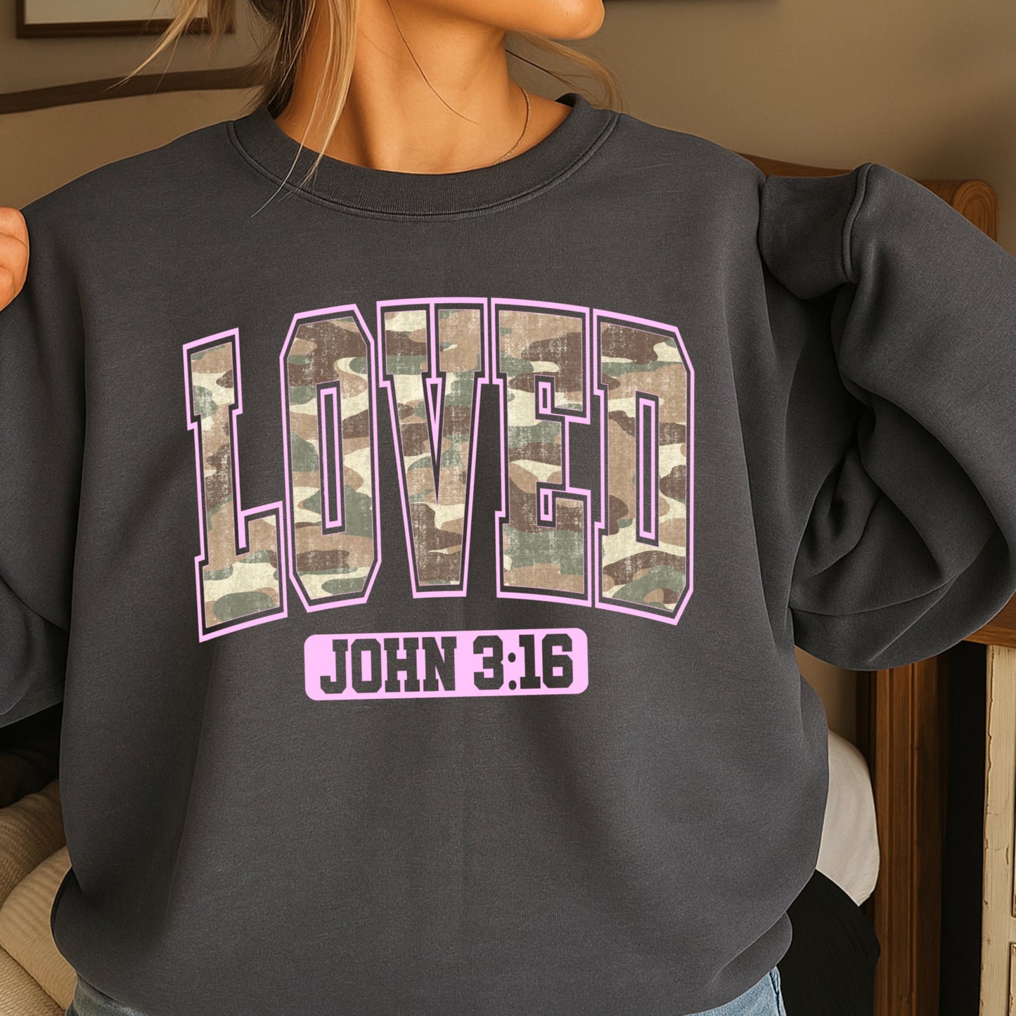 Camo Loved John 3:16 Valentine’s Day Crewneck Sweatshirt