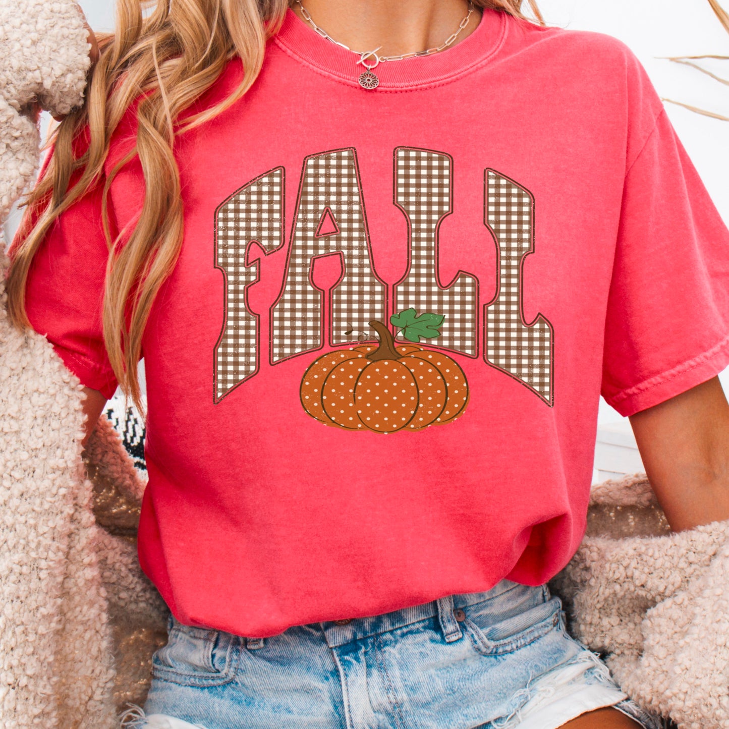 Gingham Fall Pumpkin Comfort Color Graphic Tee