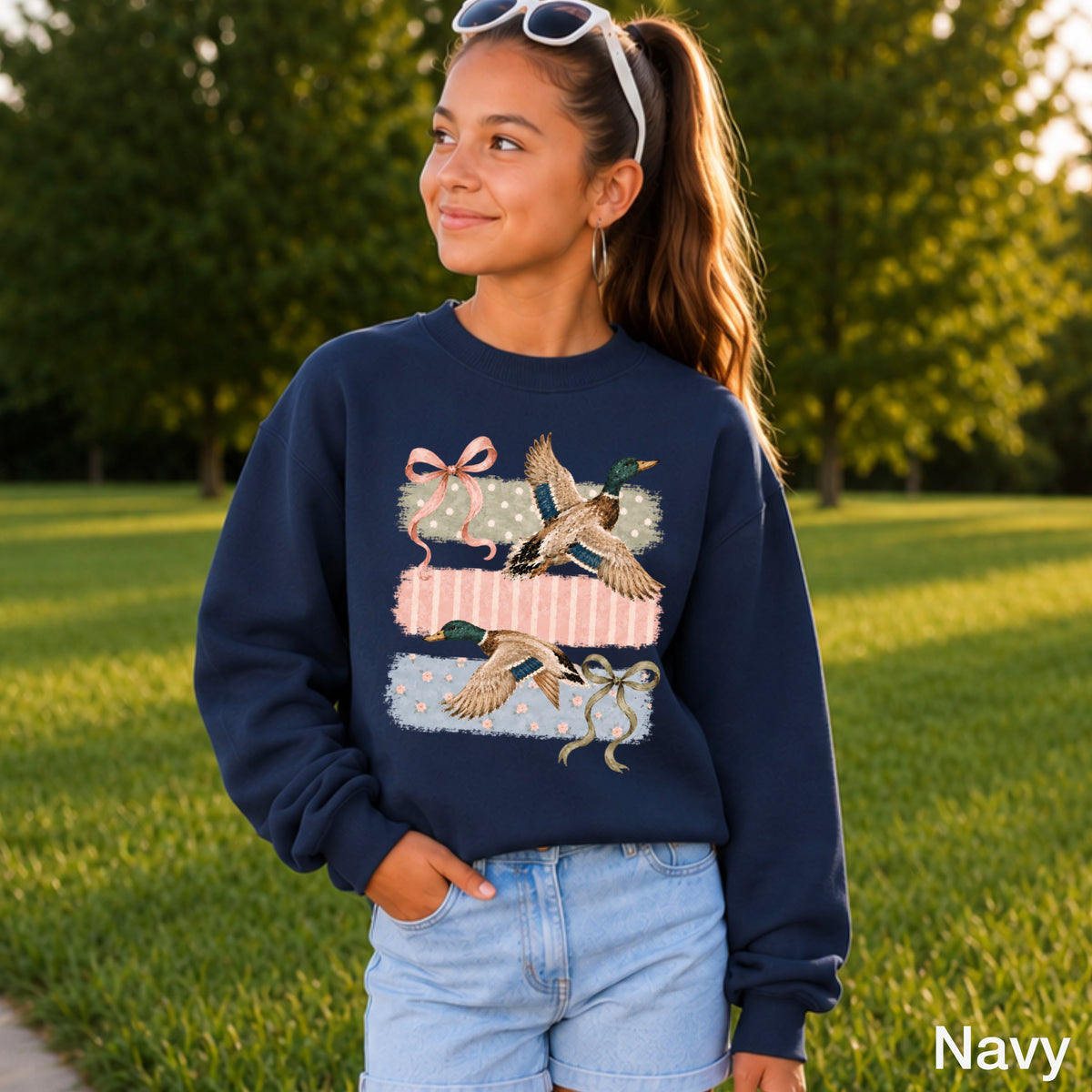 Mallard Ducks & Bows Youth Crewneck Sweatshirt