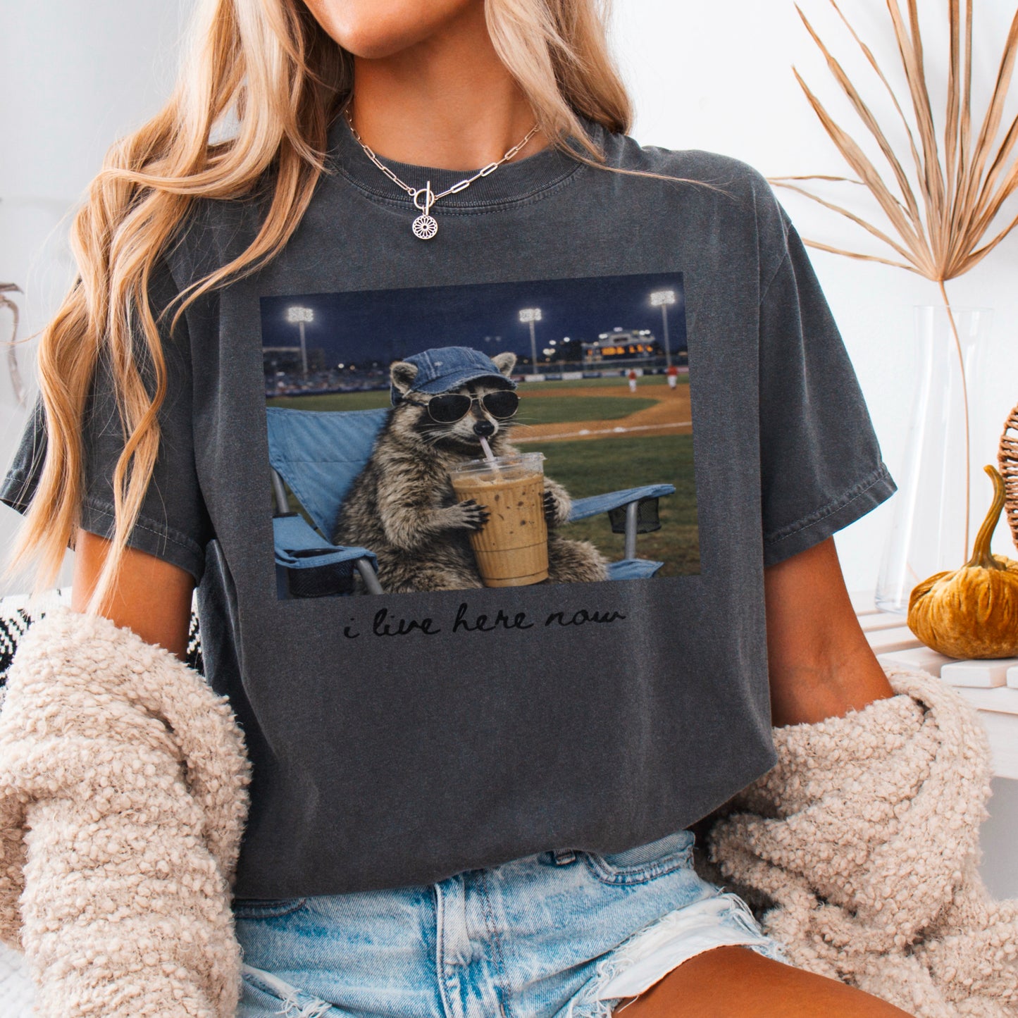 I Live Here Now Raccoon Baseball Comfort Color Graphic Tee