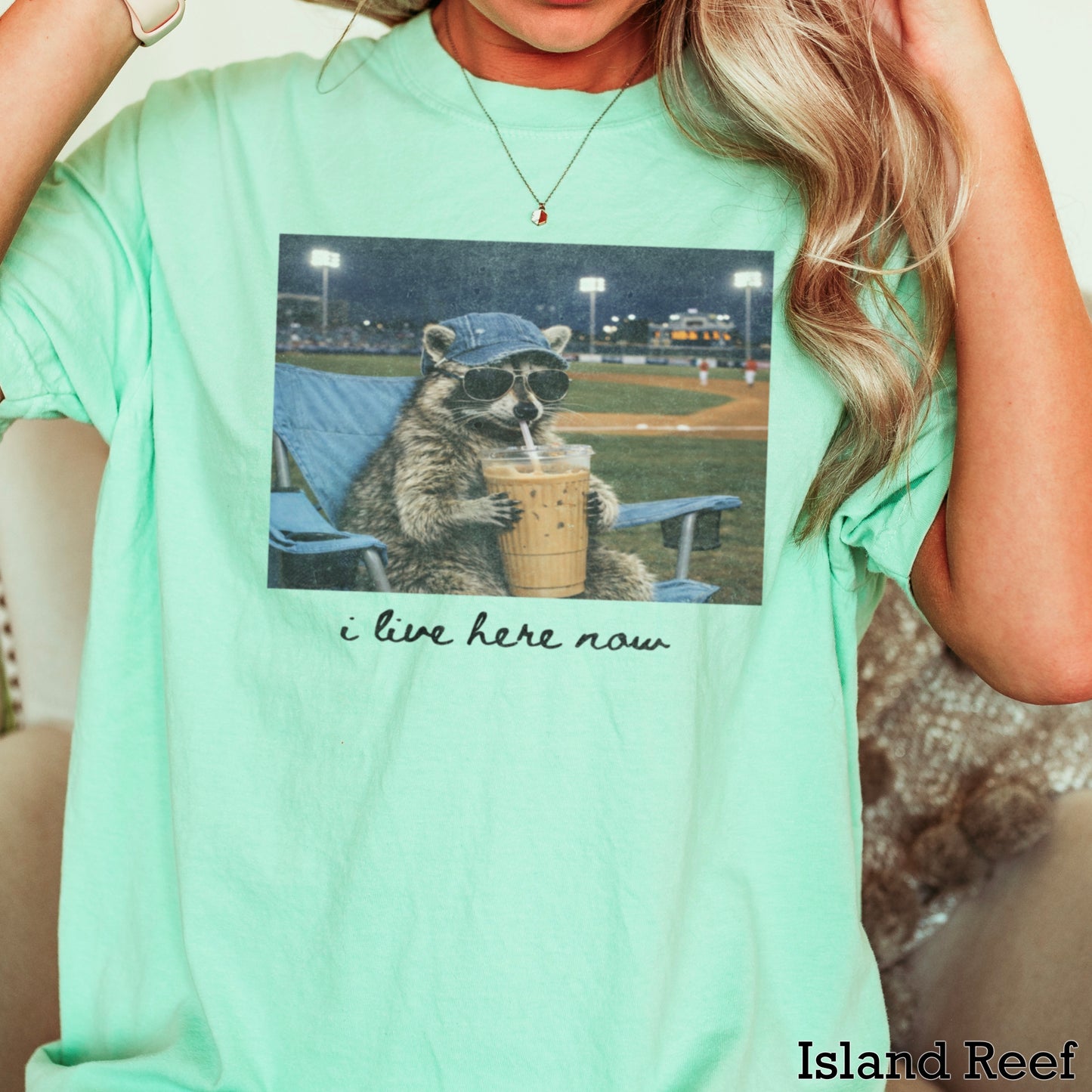 I Live Here Now Raccoon Baseball Comfort Color Graphic Tee