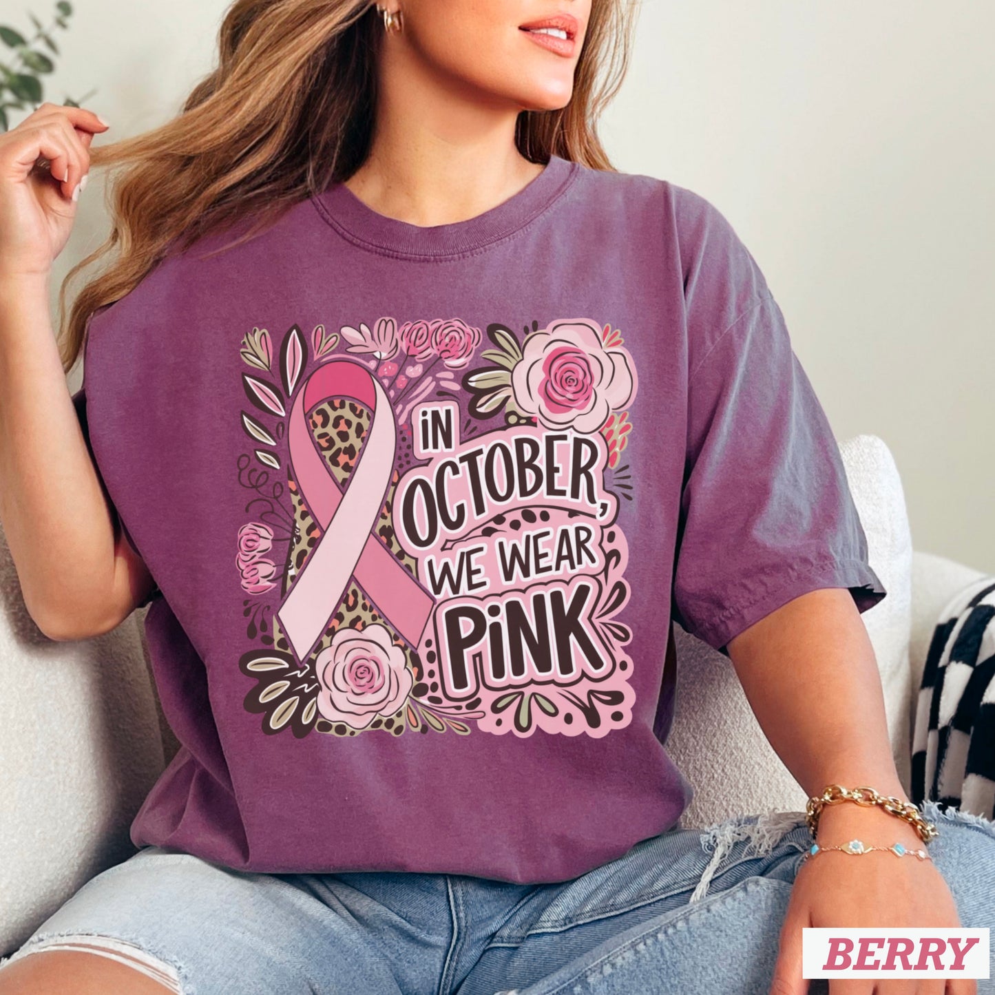 In October We Wear Pink Cancer Comfort Color Graphic Tee