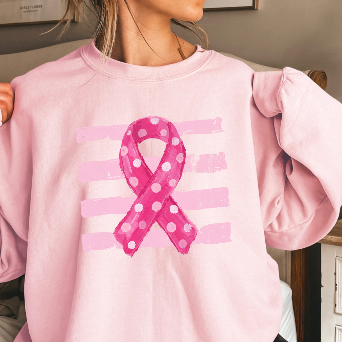 Polka Dot Cancer Awareness Ribbon Crewneck Sweatshirt