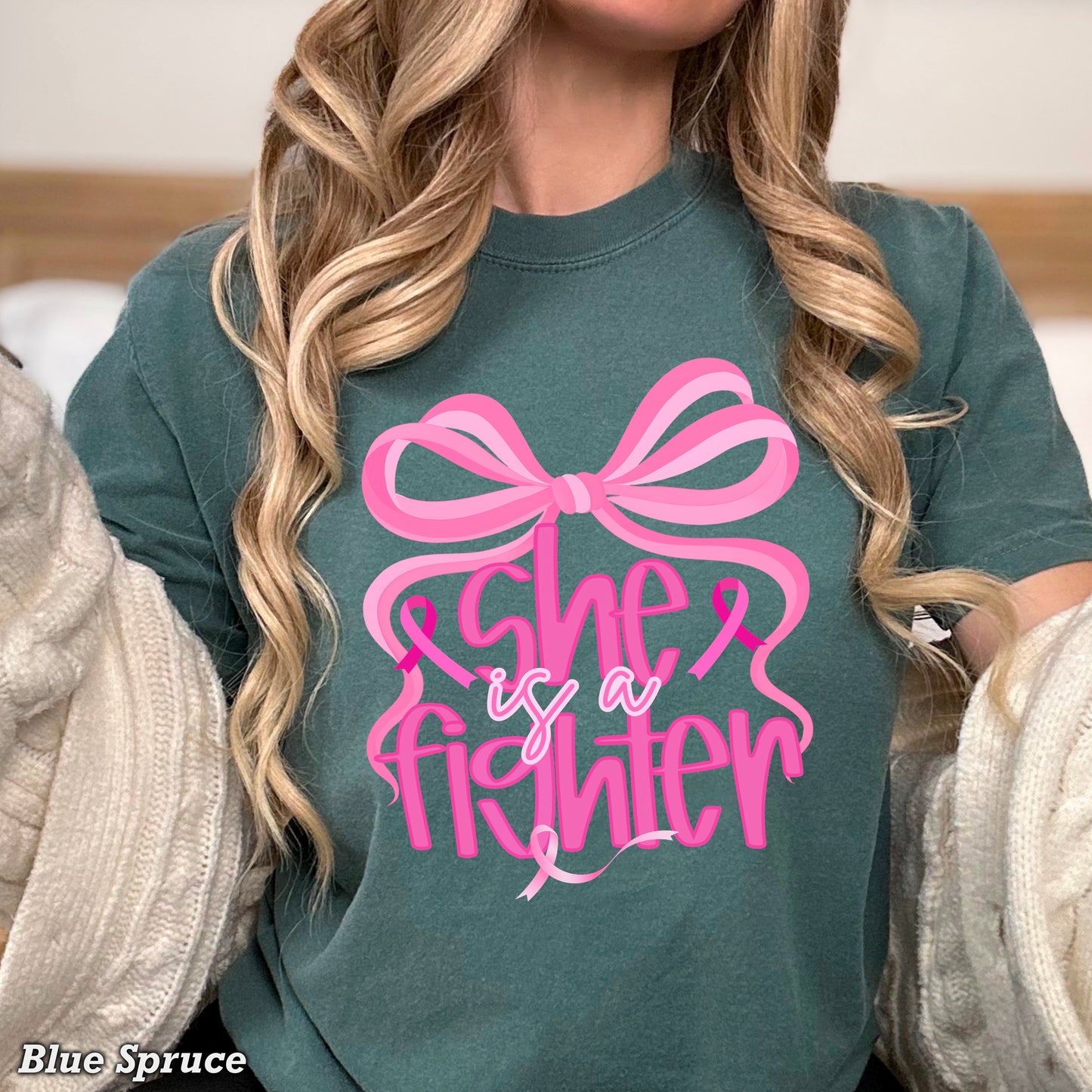 She Is A Fighter Breast Cancer Comfort Color Graphic Tee