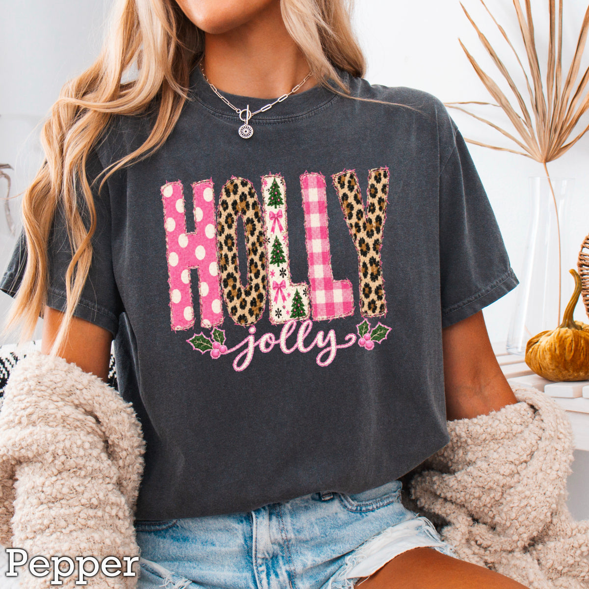 Leopard Holly Jolly Christmas Comfort Color Graphic Tee
