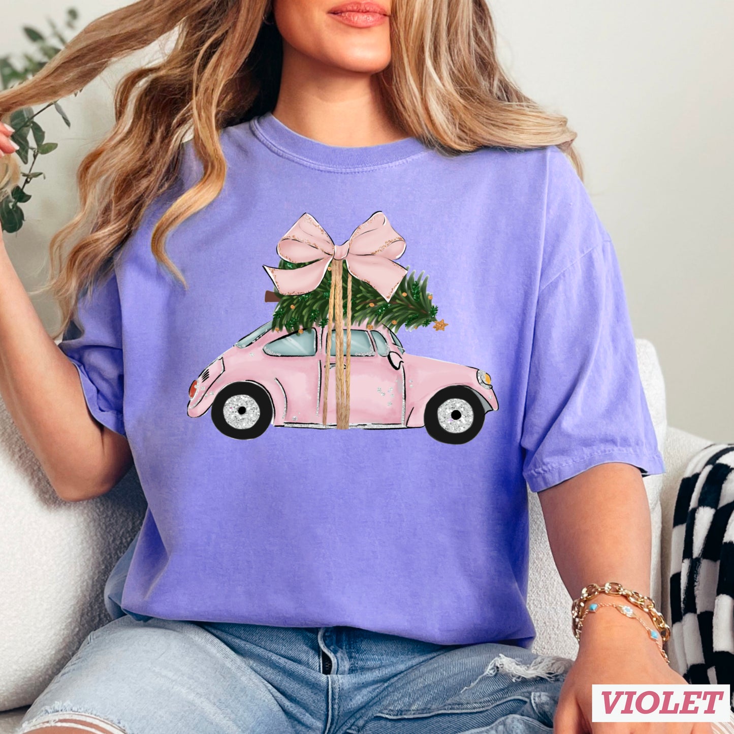 Pink Christmas Car Comfort Color Graphic Tee