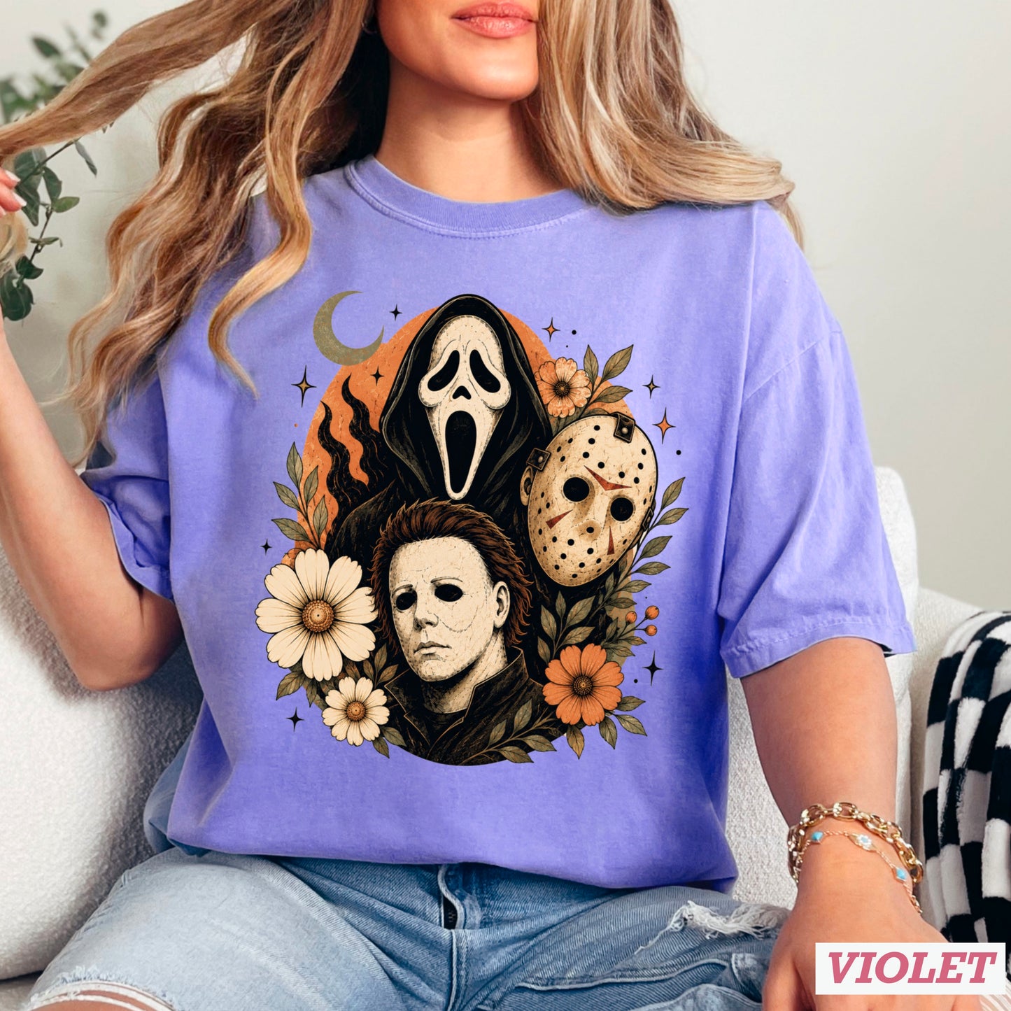 Floral Halloween Characters Comfort Color Graphic Tee