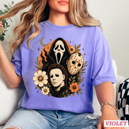 Floral Halloween Characters Comfort Color Graphic Tee