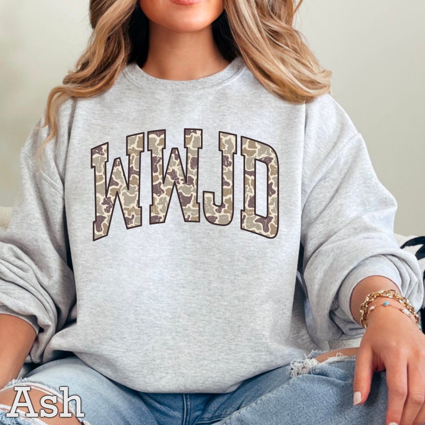 WWJD Camo Christian Graphic Crewneck Sweatshirt