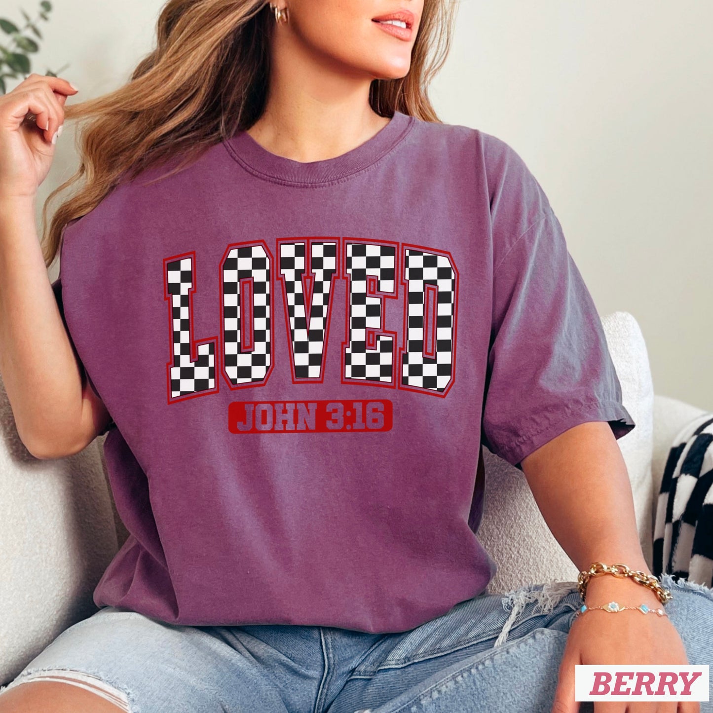 Checkered Loved John 3:16 Valentine’s Day Comfort Color Graphic Tee