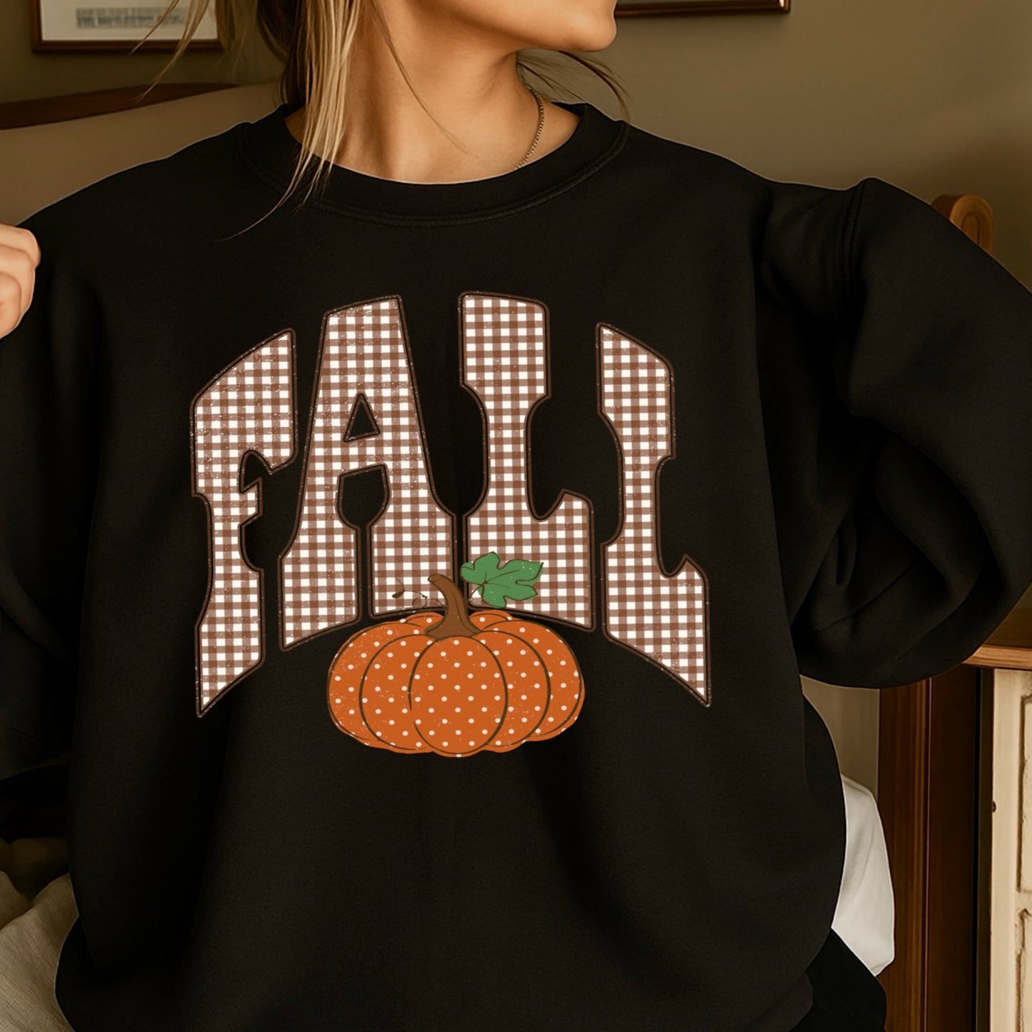 Fall Pumpkin Gingham Crewneck Sweatshirt
