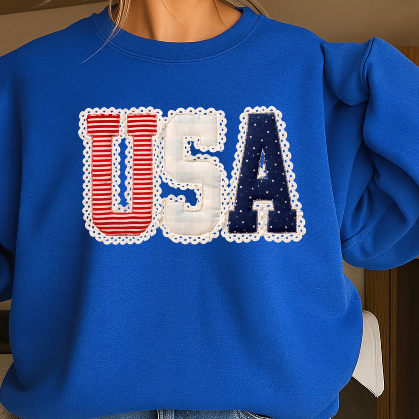 USA Quilted Lace Crewneck Sweatshirt