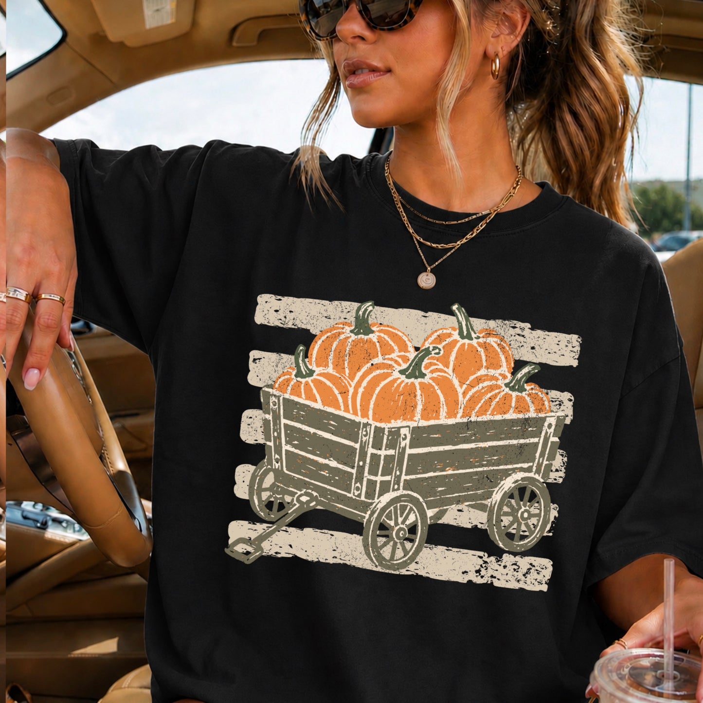 Pumpkin Wagon Fall Comfort Color Graphic Tee