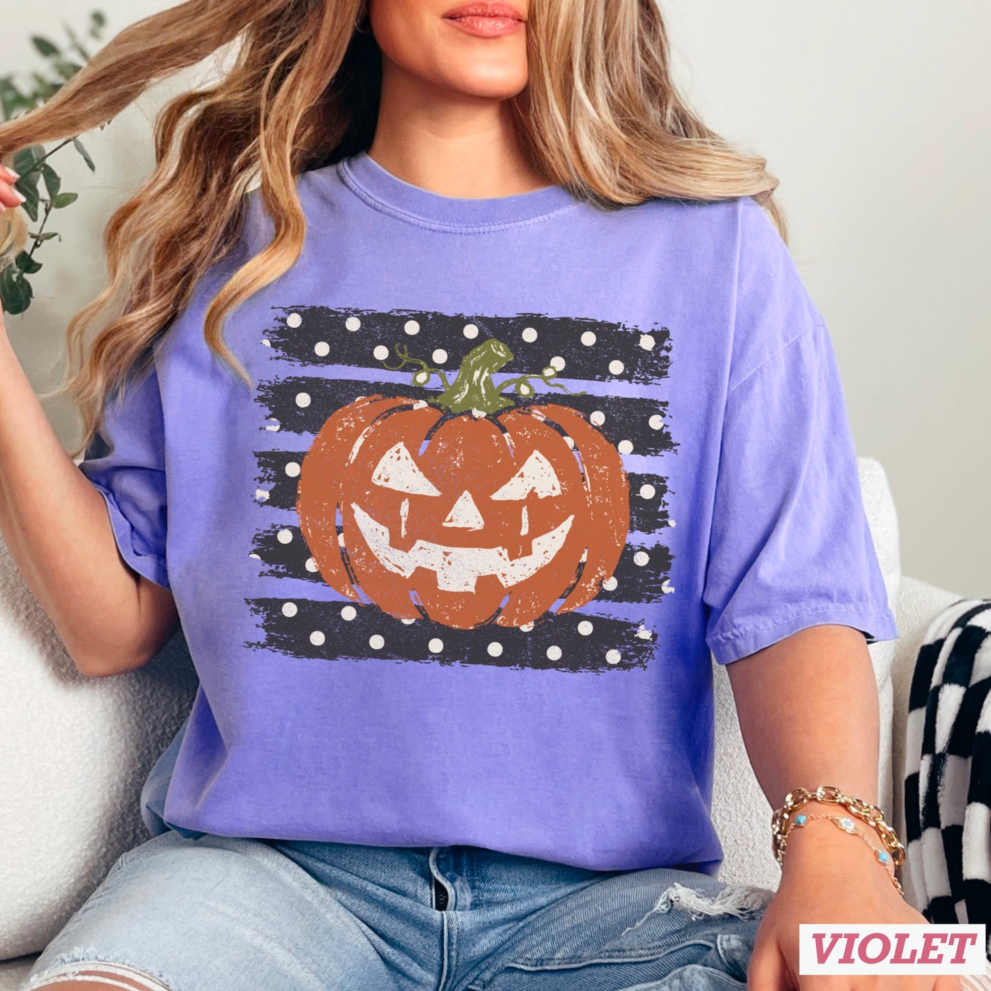Polka Dot Pumpkin Halloween Comfort Color Graphic Tee