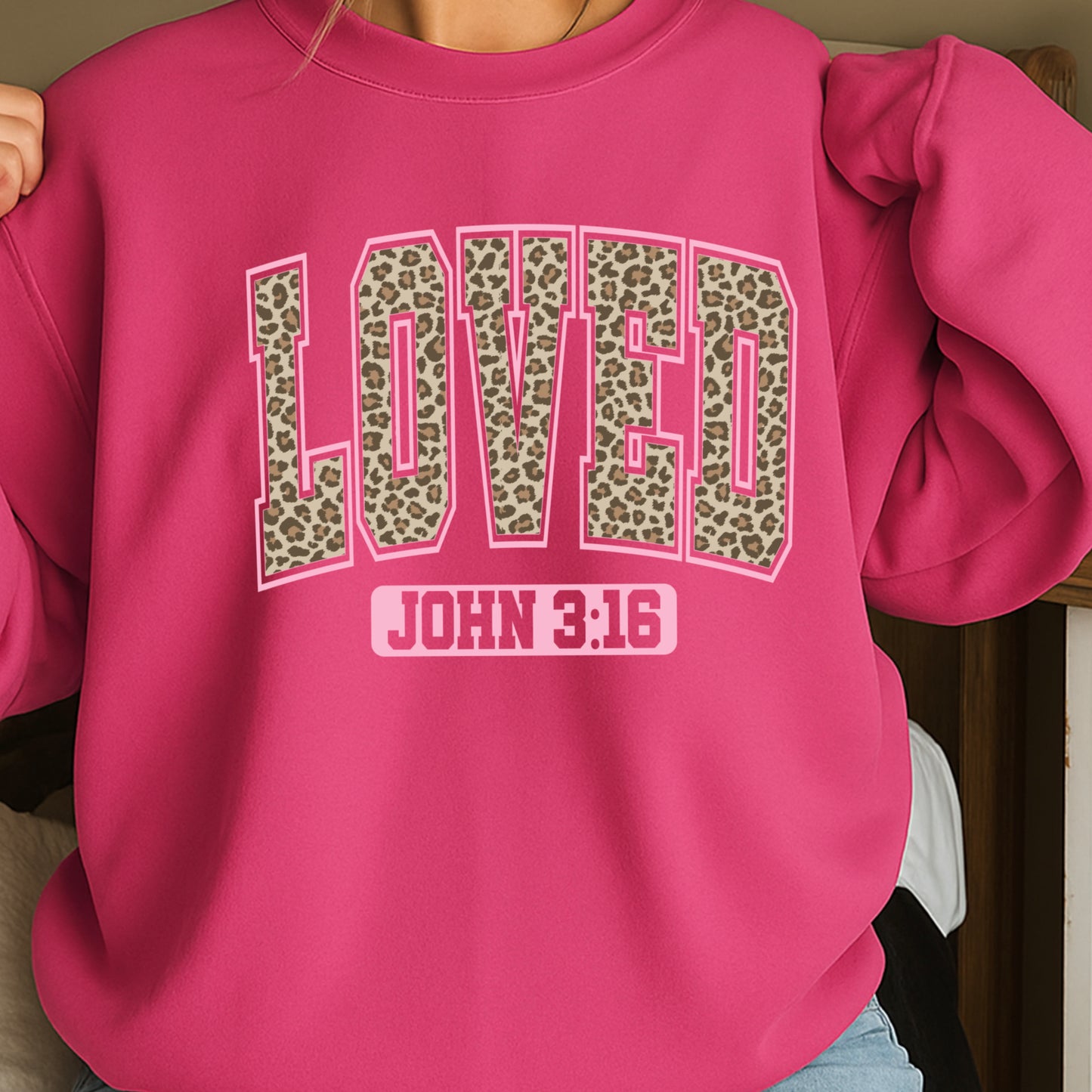 Leopard Loved John 3:16 Valentine’s Day Crewneck Sweatshirt