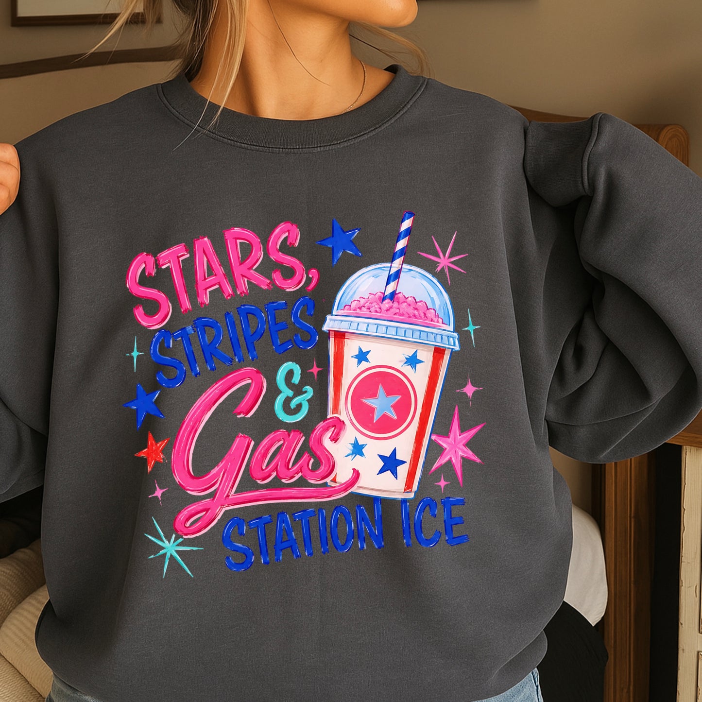 Stars Stripes And Gas Station Ice Crewneck Sweatshirt