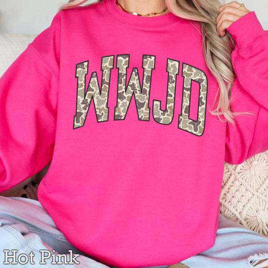 WWJD Camo Christian Graphic Crewneck Sweatshirt