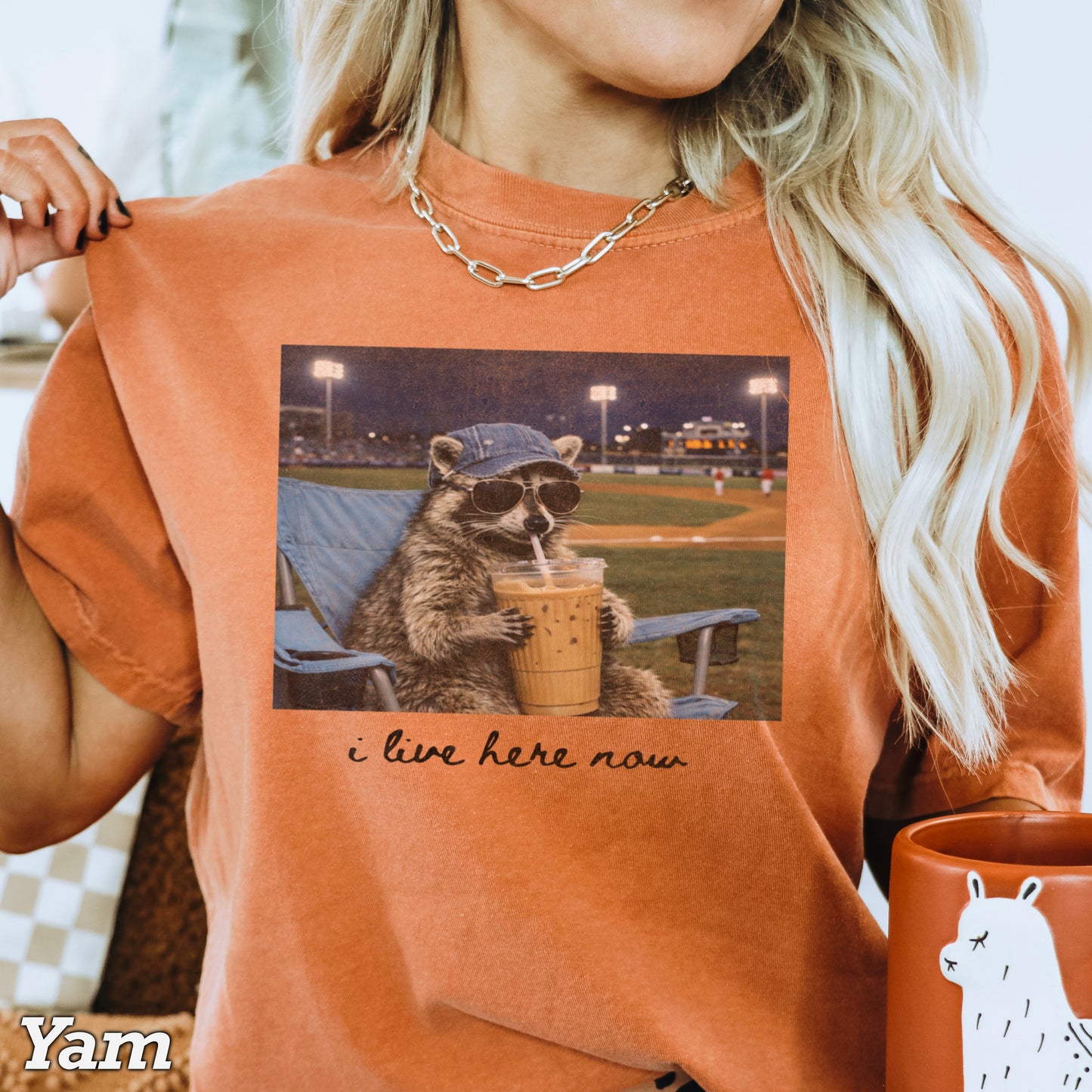 I Live Here Now Raccoon Baseball Comfort Color Graphic Tee