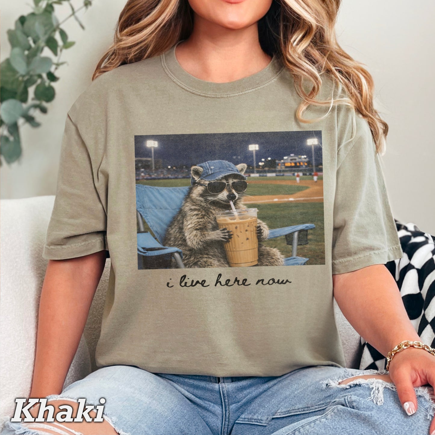 I Live Here Now Raccoon Baseball Comfort Color Graphic Tee