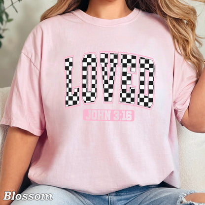 Checkered Loved John 3:16 Valentine’s Day Comfort Color Graphic Tee