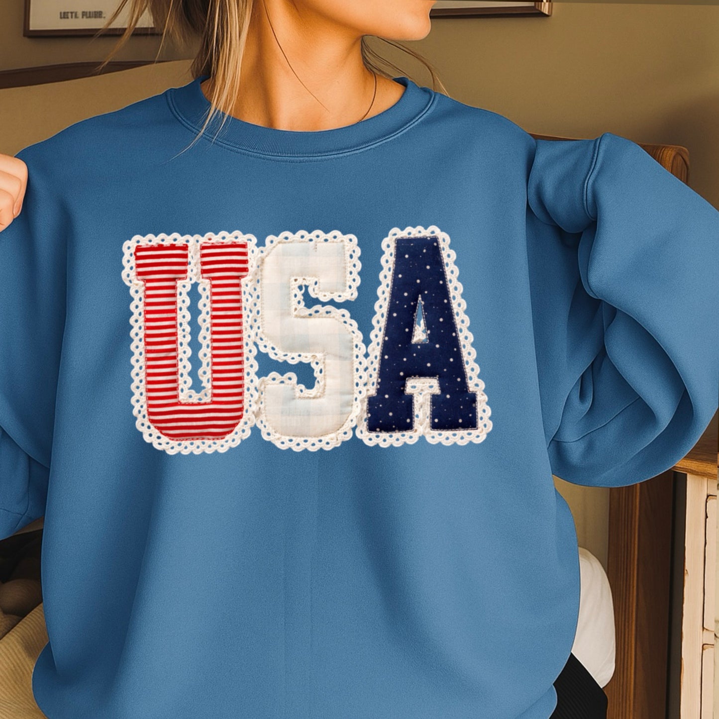 USA Quilted Lace Crewneck Sweatshirt