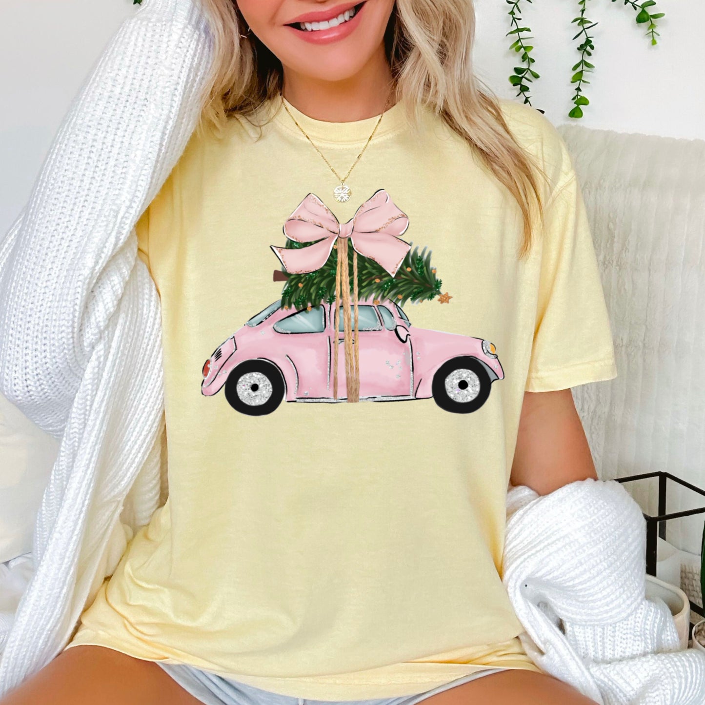 Pink Christmas Car Comfort Color Graphic Tee