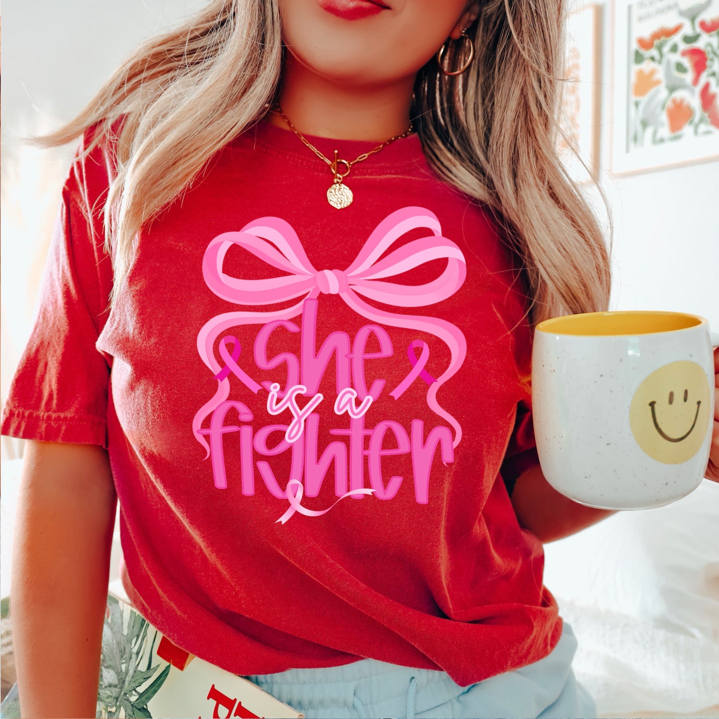She Is A Fighter Breast Cancer Comfort Color Graphic Tee