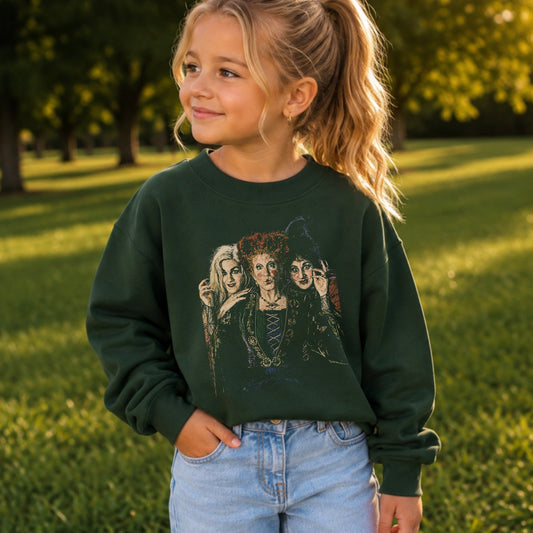 Halloween Sisters Halftone Youth Crewneck Sweatshirt