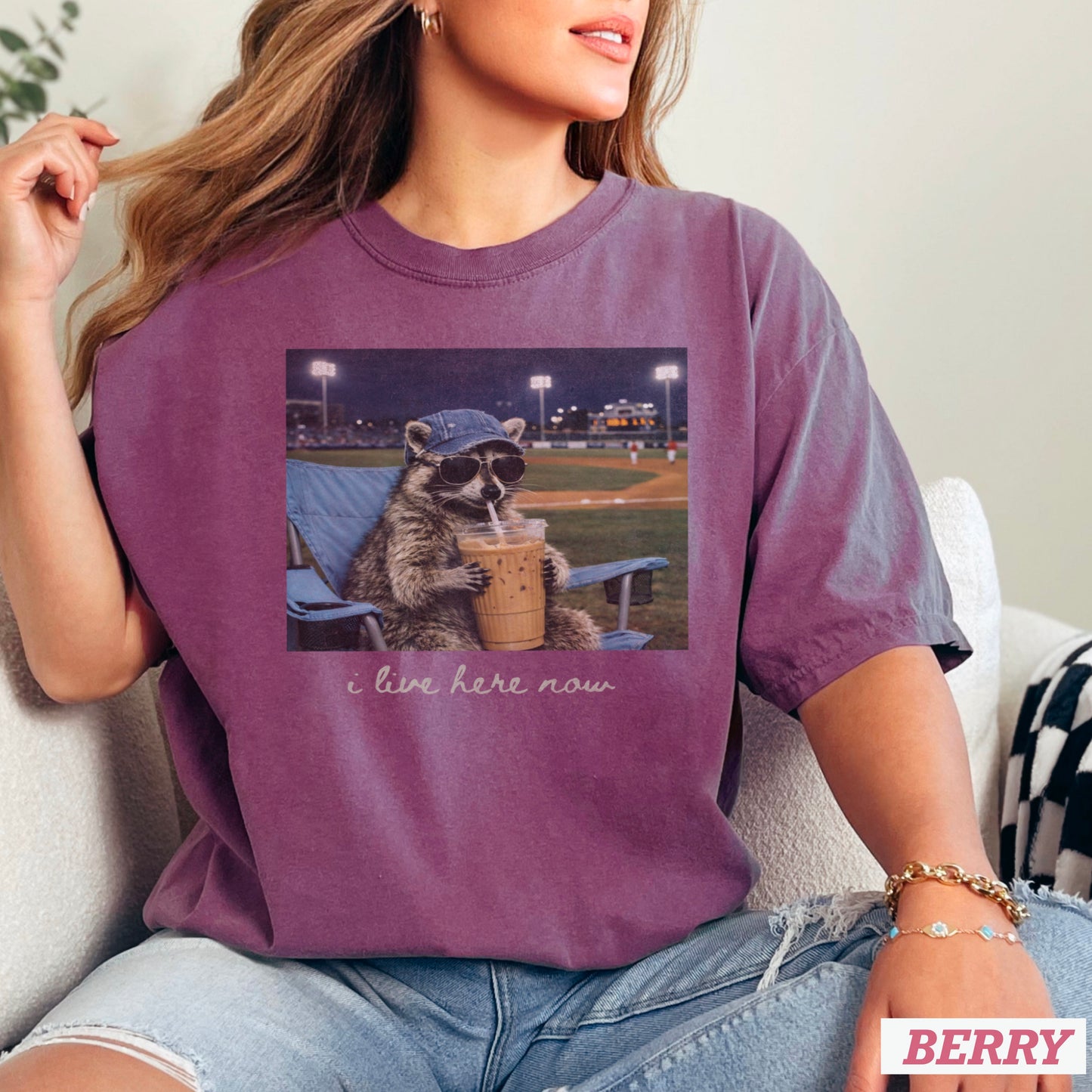 I Live Here Now Raccoon Baseball Comfort Color Graphic Tee