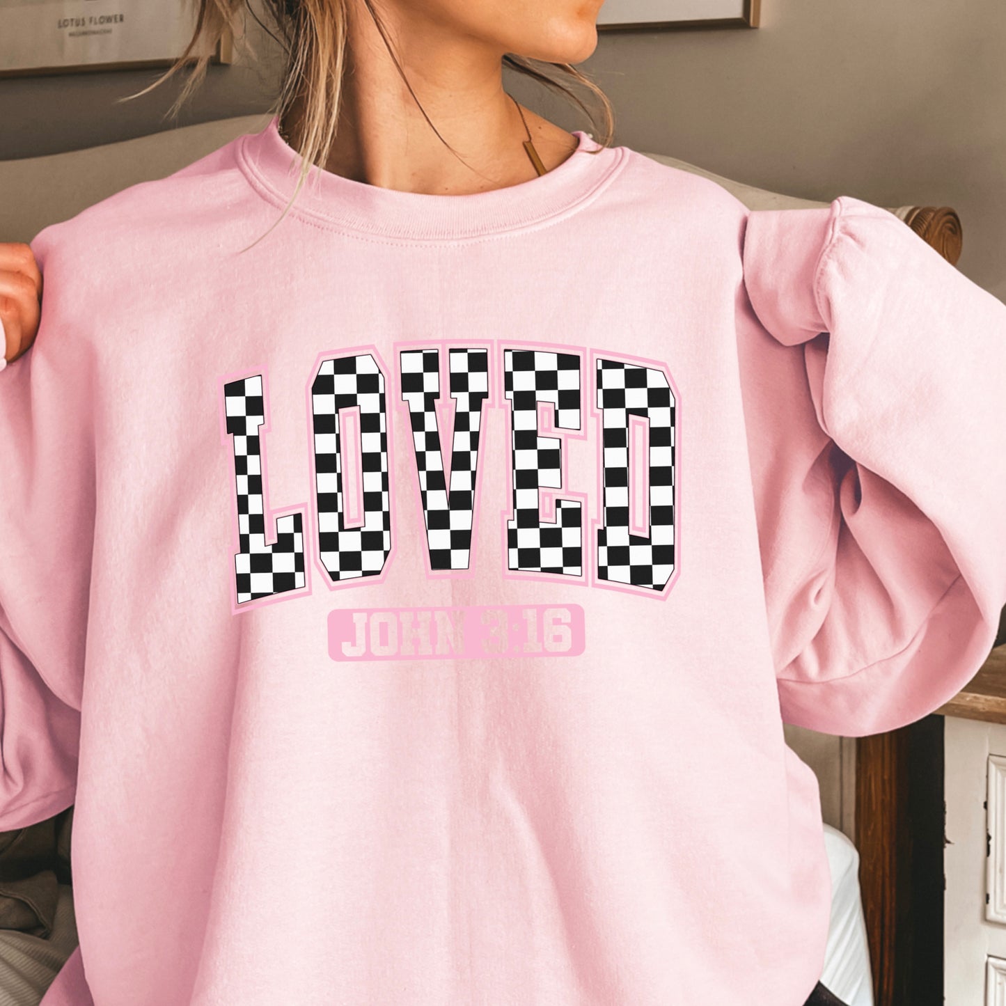 Checkered Loved John 3:16 Valentine’s Day Crewneck Sweatshirt