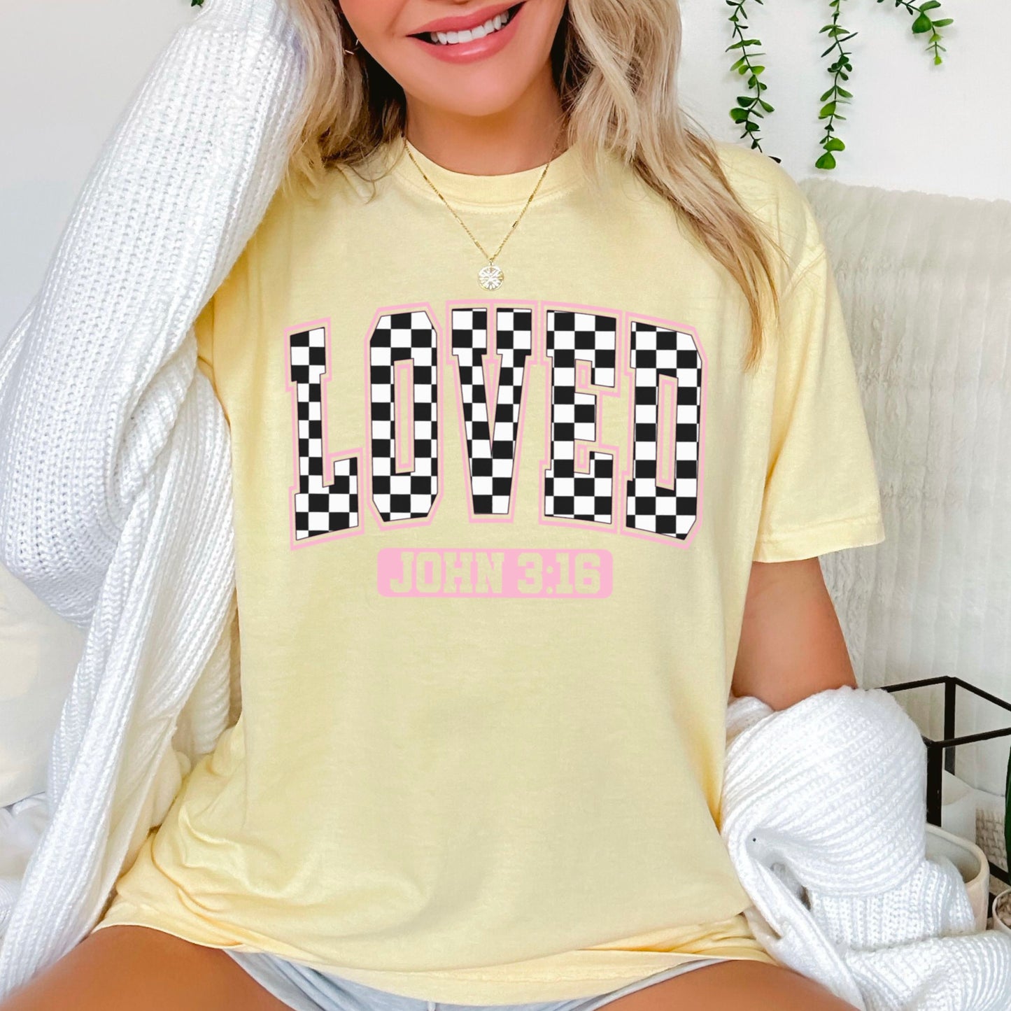 Checkered Loved John 3:16 Valentine’s Day Comfort Color Graphic Tee