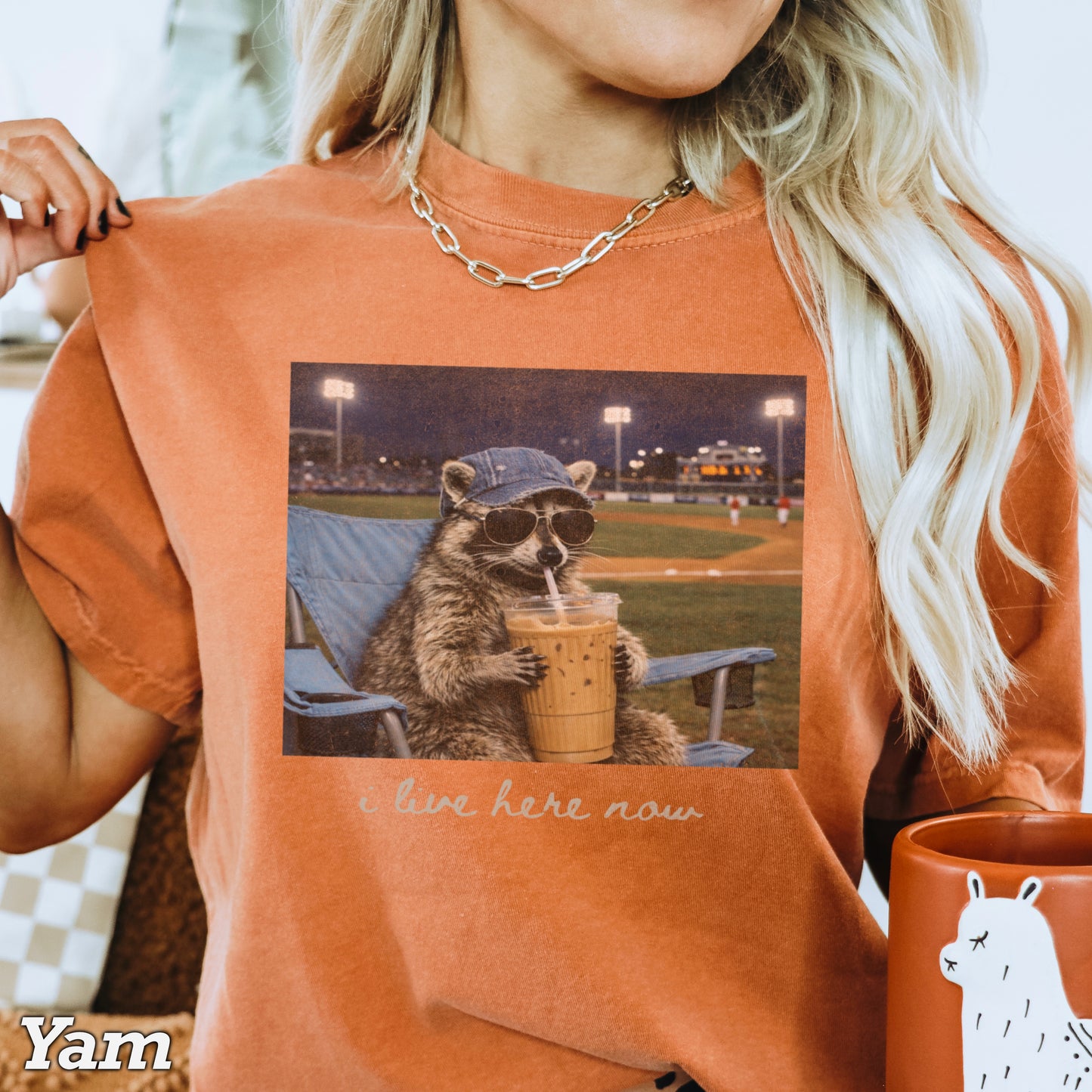 I Live Here Now Raccoon Baseball Comfort Color Graphic Tee