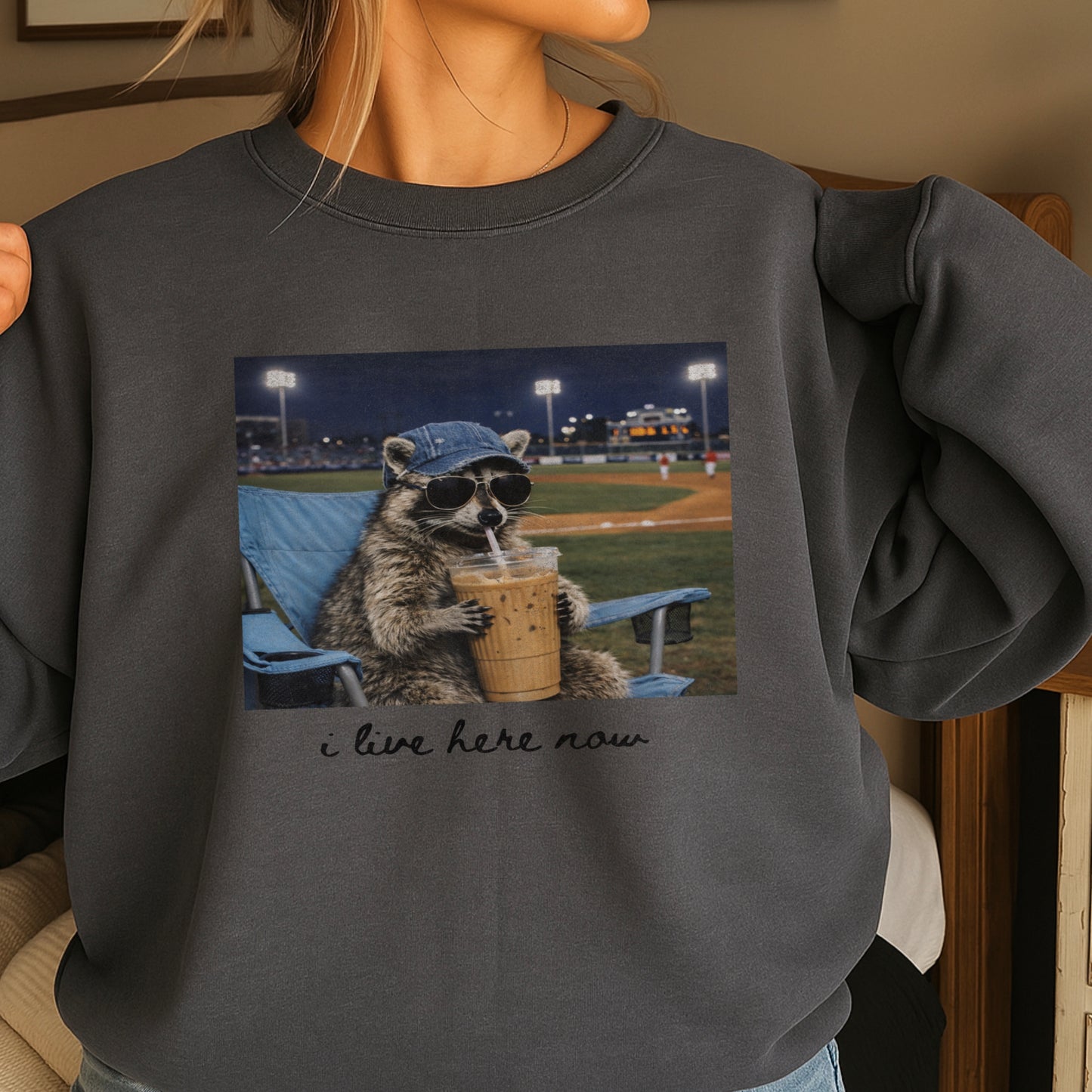 I Live Here Now Raccoon Baseball Crewneck Sweatshirt