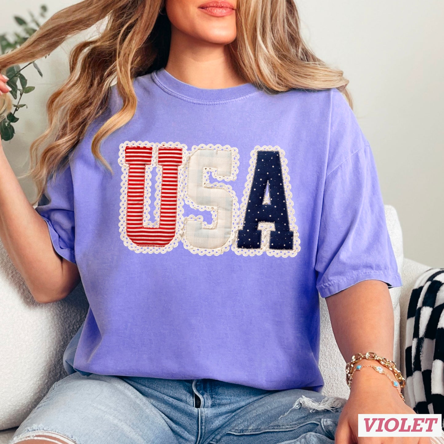 USA Quilted Lace Comfort Color Graphic Tee