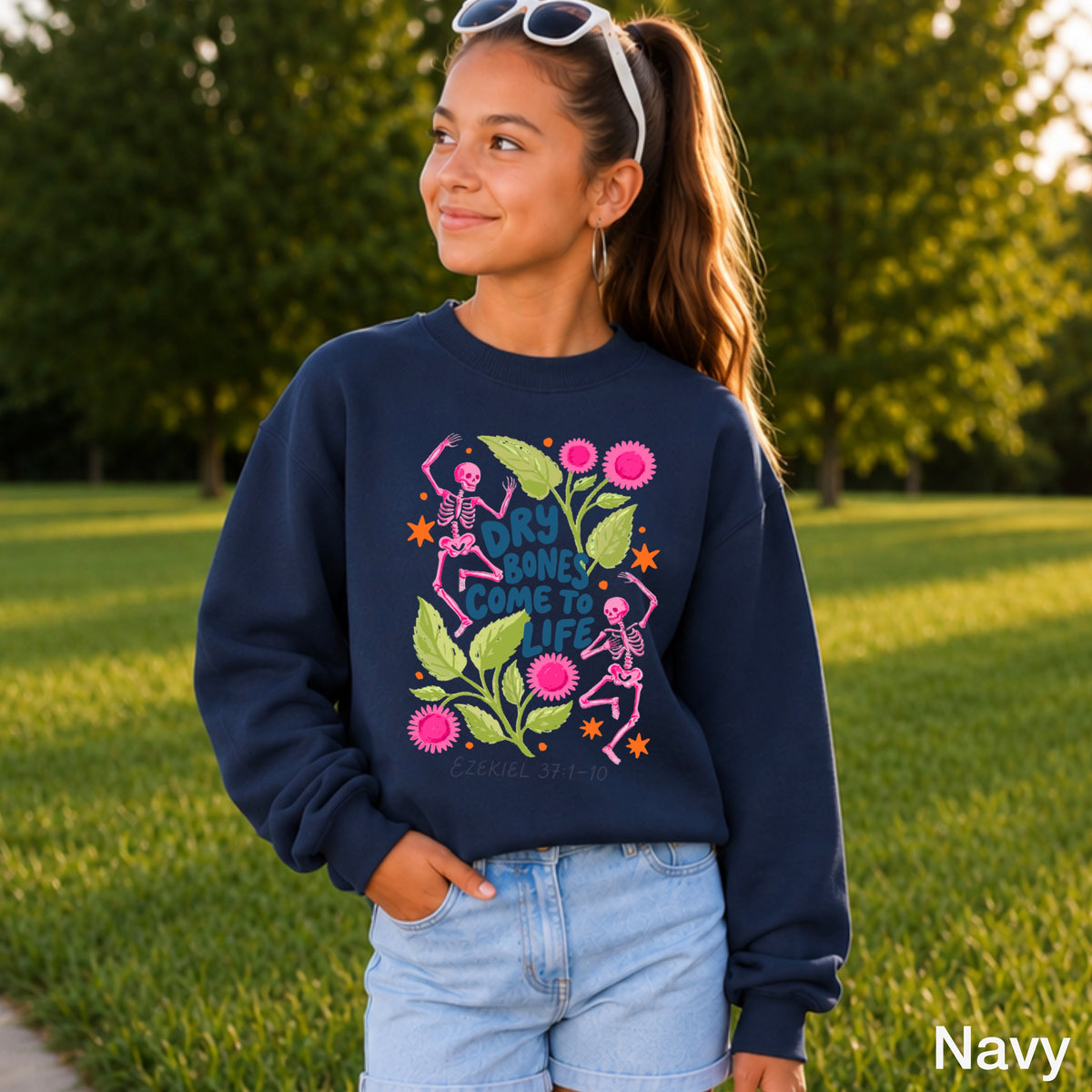 Dry Bones Come To Life Navy Lettering Youth Crewneck Sweatshirt